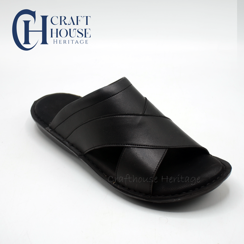 Handmade Leather Medicated Slippers for Men – Soft Sole Comfortable Daily Wear - D3 Black